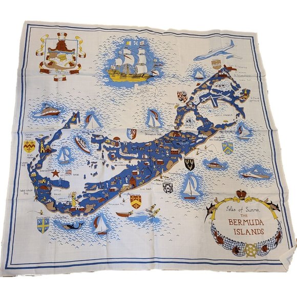 Isles of Summer Bermuda Island Tablecloth TableLinen Souvenir 49”x 49” Vintage
